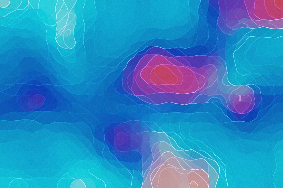 Colorful abstract image with topographic map lines in blue and purple tones, creating an artistic pattern.